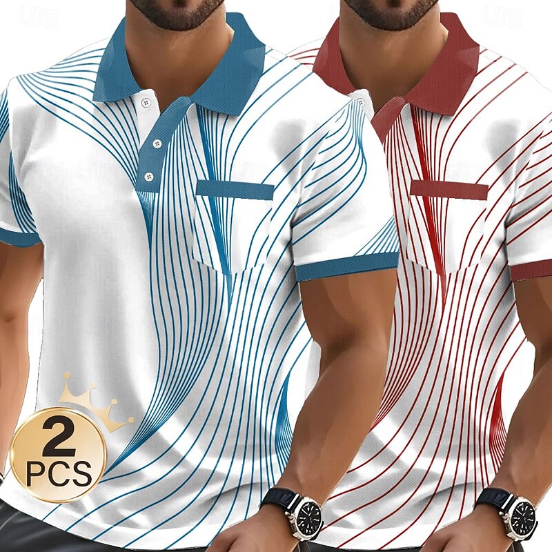 Men's Graphic Geometric Polo Short Sleeve Polo Shirts Collared Shirts Business Casual Outdoor Business Athleisure Daily Wear Pocket 3D Print Buttons Summer Black + blue Light blue + blue Red + Black4
