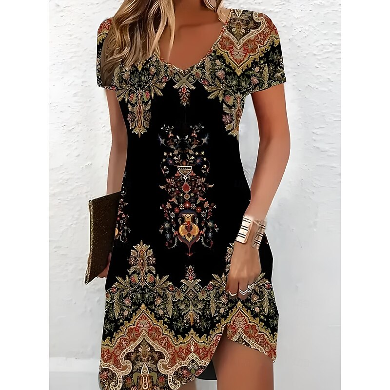Women's Mini Dress T Shirt Dress Tee Dress Sundress Summer Dress Vacation Casual Boho Daily Holiday Going out Regular Fit Graphic Paisley Short Sleeve V Neck Black Wine Green Summer2