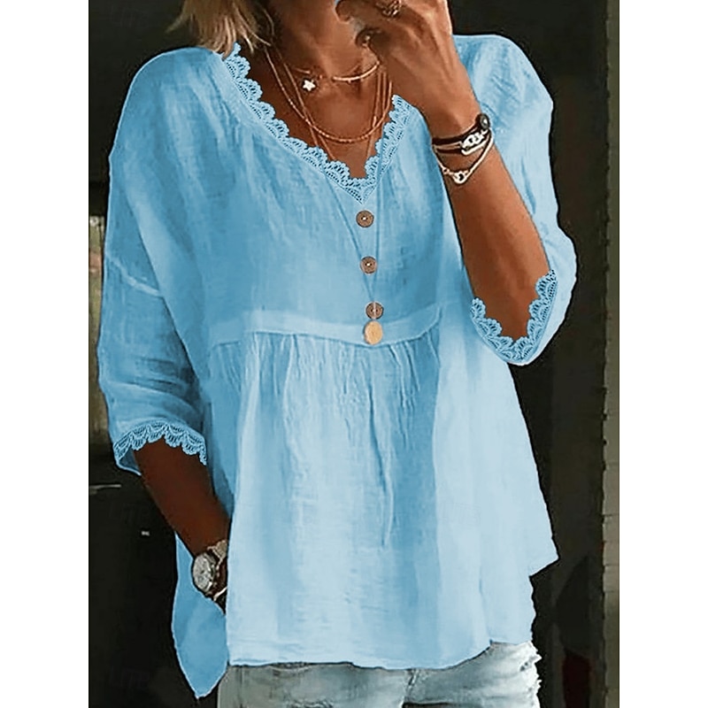 Women's Cotton Linen Shirts Solid Color Basic Casual 3/4 Length Sleeve V Neck Regular Tops Daily Lace Patchwork White Pink Sky Blue Summer
