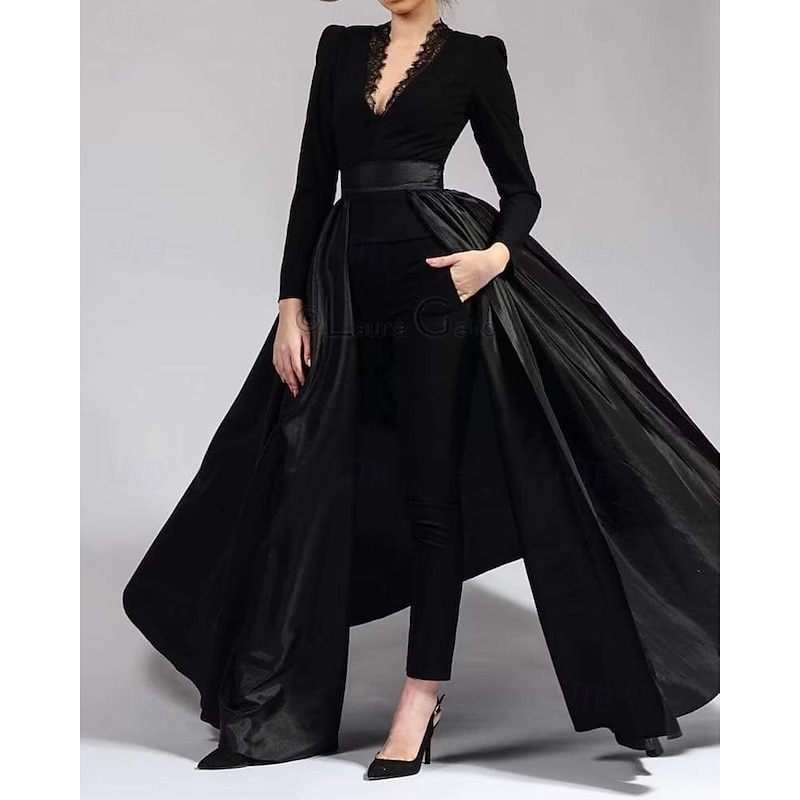 Jumpsuit / Pantsuit Mother of the Bride Jumpsuit Detachable Overskirt Elegant Simple Minimalist V Neck Floor Length Ankle Length Satin Crepe Stretch Fabric Long Sleeve with Lace2