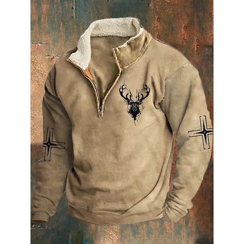 Men's Sweatshirt Quarter Zip Sweatshirt Black Brown Brown 2 Half Zip Color Block Reindeer Half Zip Print Sports & Outdoor Daily Holiday Polyester Vintage Streetwear Casual Fall & Winter Clothing