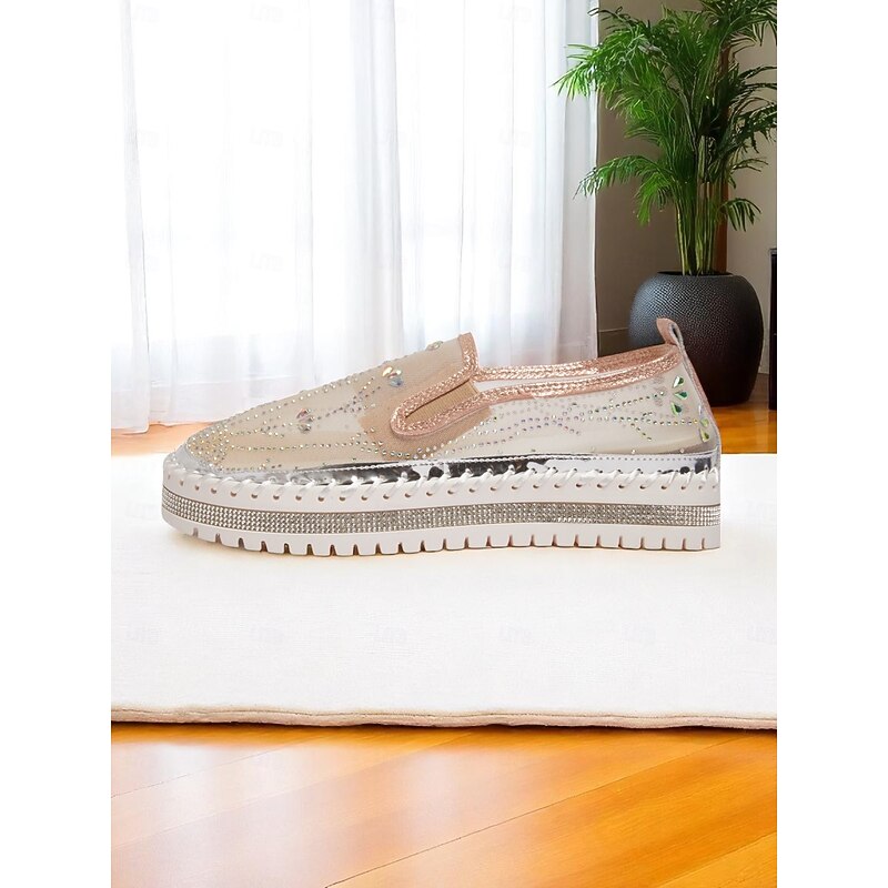 Women's Rhinestone Mesh Platform Slip-On Sneakers - Sparkly Breathable Casual Shoes with Chunky Sole for Daily Dates and Stylish Outings2