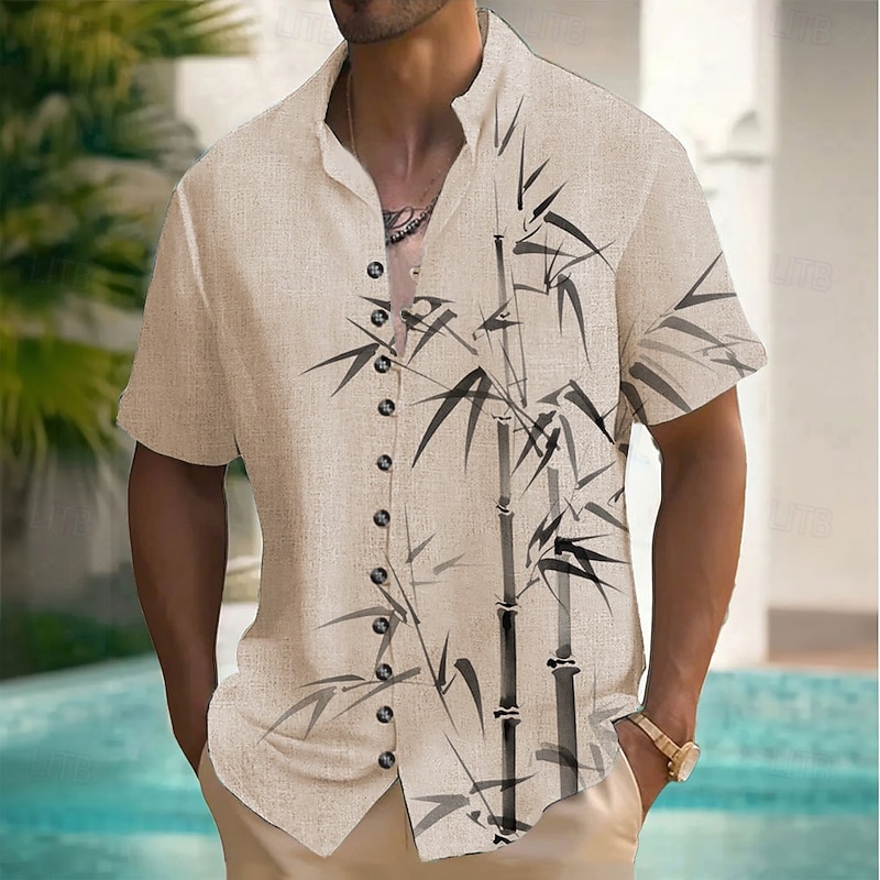 Men's Leaf Plants Bamboo Shirt Button Up Shirt Stand Collar Shirt Short Sleeves Fashion Casual Vacation Beach Wear Summer Spring Grandad Collar Mandarin Collar 3D Print Linen Like Shirt Pink Green