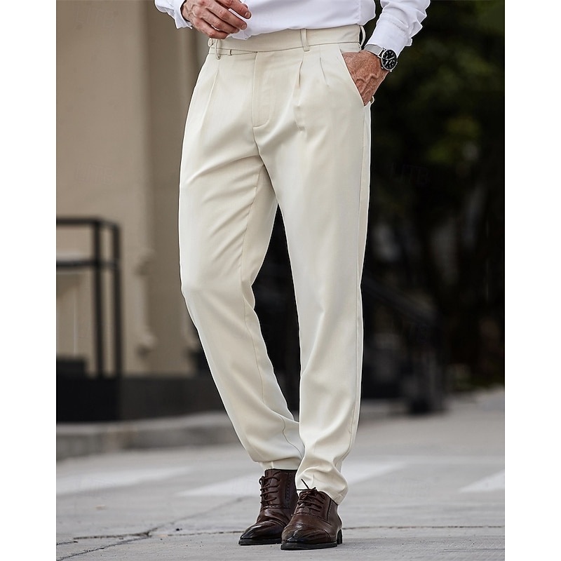 Men's Dress Pants Trousers Chinos Slacks Buttons Pocket Pleats Plaid Comfort Formal Party Work Fashion Classic Style Apricot Micro-elastic