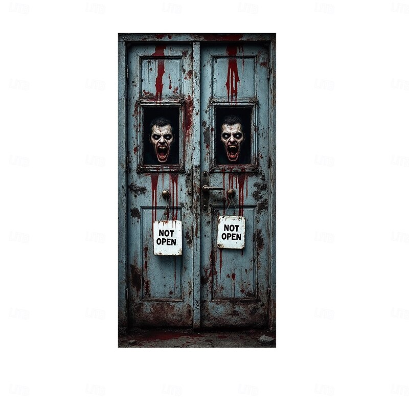 Halloween Door Cover Front Door Curtain Decoration, Halloween Broomstick Bats Flying Jagged Bottom Display3