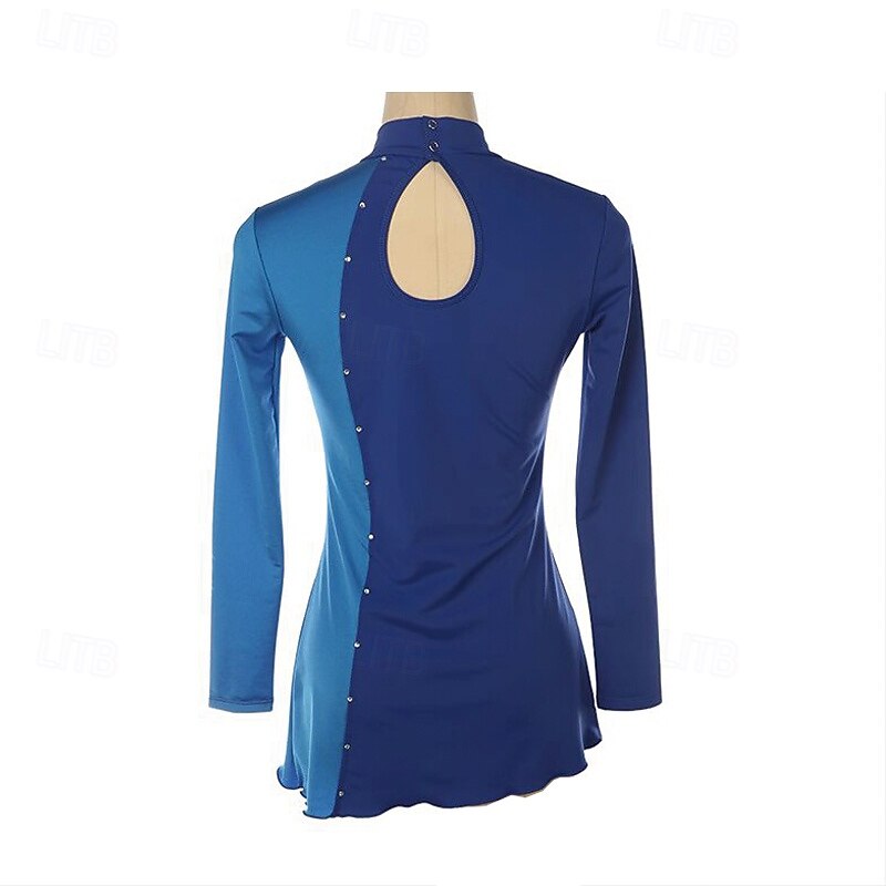 Figure Skating Dress Women's Girls' Ice Skating Dress Blue Patchwork Mesh Spandex Stretchy Training Practice Professional Skating Wear Thermal Warm Crystal / Rhinestone Long Sleeve Ice Skating Figure2