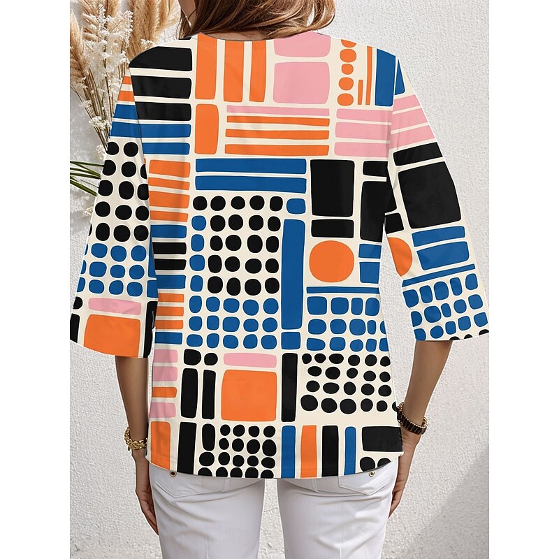 Women's Blouse Long Sleeve Asymmetrical Hem Graphic Geometric Hawaiian Stylish Casual V Neck Regular Tops Daily Holiday Going out Print Pink Blue Orange Gray Summer Spring Fall2