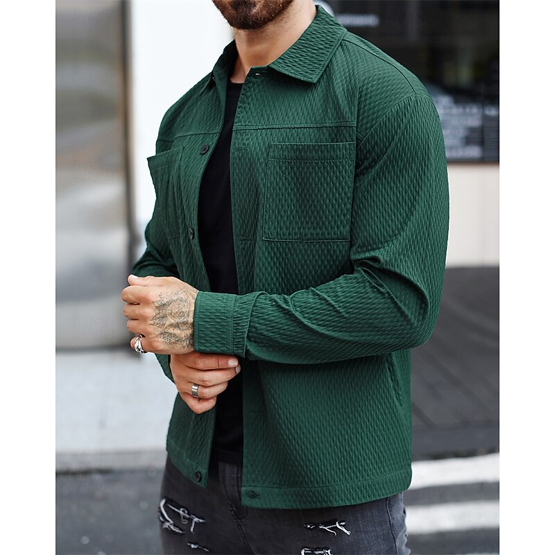 Men's Lightweight Jacket Casual Jacket Vacation Daily Warm Pocket Jacquard Spring Fall Plain Fashion Classic Lapel Regular Dark Green Brown Jacket3