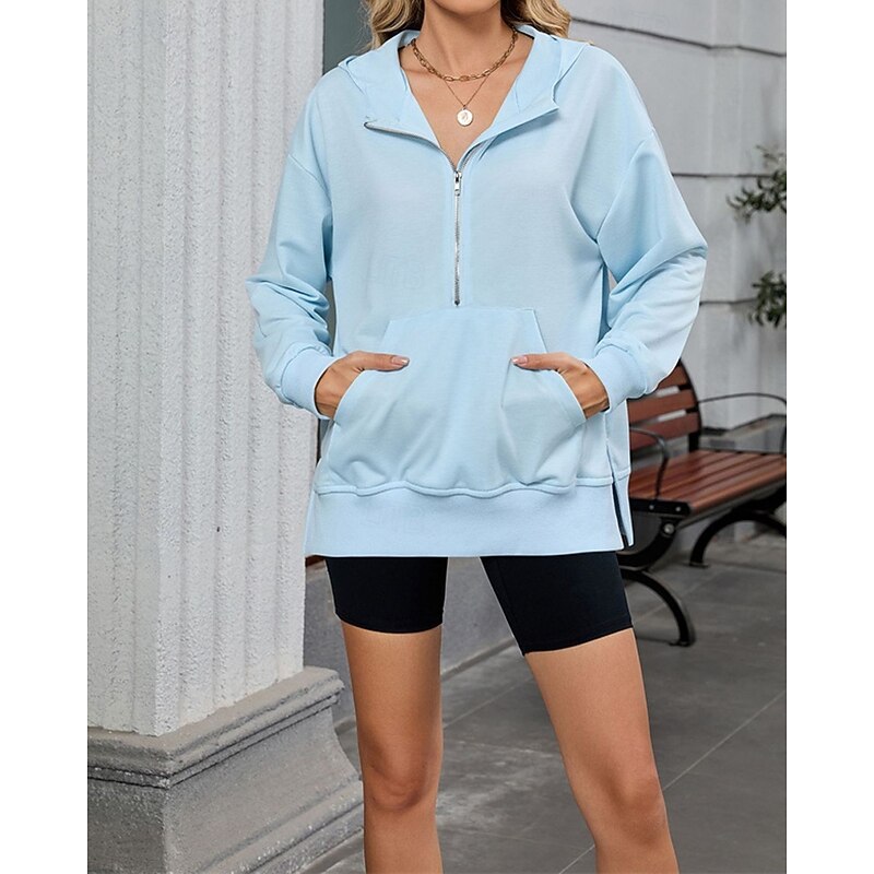 Women's Pullover Hoodie Sweatshirt Plain Streetwear Casual Comfy Long Sleeve Hooded Regular Tops Street Holiday Going out Half Zipper Quarter Zipper Front Pocket Quarter Zip Black Pink Blue Khaki Gray2