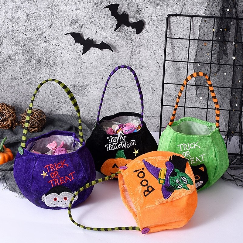 Halloween Treat Bag for Kids, Trick or Treat Candy Tote Bag, Gift Basket with Pumpkin Ghost Witch Design, Non-Woven Halloween Party Favor Bag2
