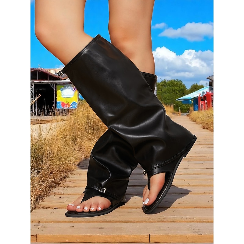 Women's Black Leather Toe - Post Knee - High Sandal Boots – Edgy Fashion Statement for Music Festivals & Street Style Events