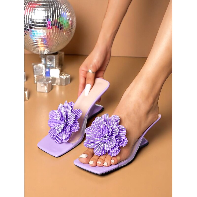 Women's Lavender Flower Heel Sandals with Transparent Straps, Sculpted Wedge Design, Bold Statement Style for Nightlife Party, Clubbing, Birthday Events or Disco-Inspired Looks2