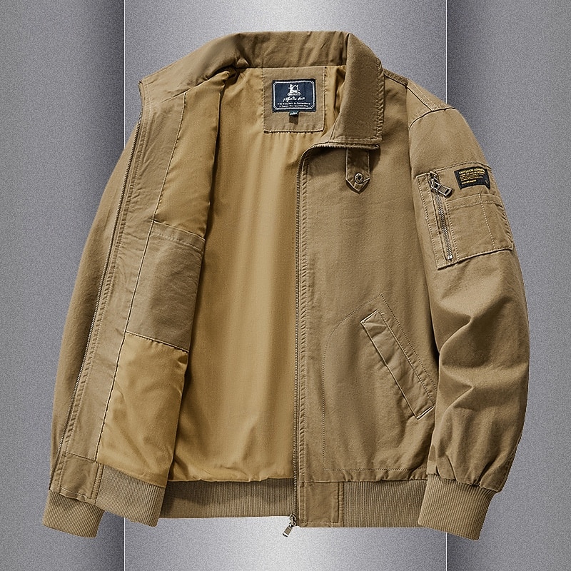 100% Cotton Men's Bomber Jacket Tactical Jacket Motorcycle Jacket Outdoor Casual Soft Multiple Pockets Spring & Fall Plain National Flag Casual Comfortable Stand Collar Black White Khaki Green