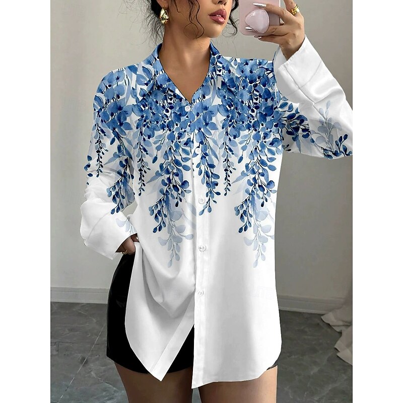 Women's Shirt Button Down Tunic Shirt Collar Long Sleeve Ombre Floral Graphic Vintage Tropical Daily Regular Tops Work Daily Holiday s Print Red Blue Green Khaki Spring Fall3