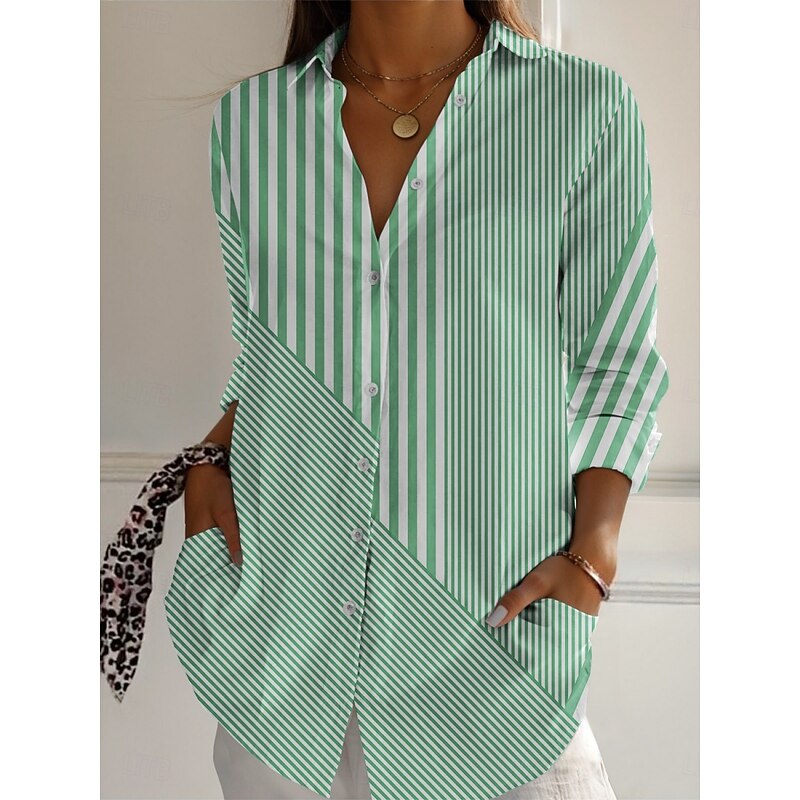 Women's Shirt Striped Active Daily Stylish Long Sleeve Shirt Collar Regular Tops Daily Holiday Buttons Print Blue Purple Green Khaki Gray Spring Fall3