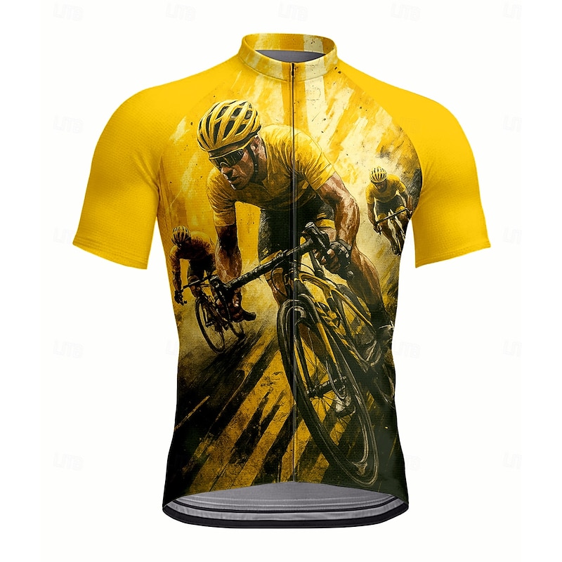 Men's Cycling Jersey Graphic Short Sleeve Bike Jersey Top with 3 Rear Pockets UV Resistant Quick Dry Front Zipper Reflective Strips Sports Yellow Clothing Apparel
