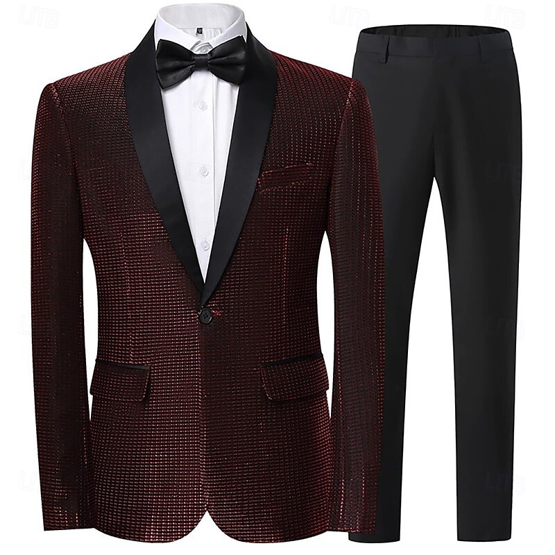 Men's Party Tuxedos Shawl Lapel Silver Black Punk Disco Solid Colored Standard Fit 2 Piece Single Breasted One-button2