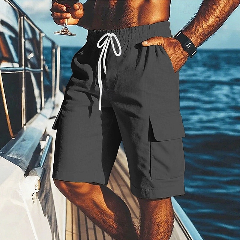 Men's Shorts Linen Shorts Summer Shorts Beach Shorts Drawstring Elastic Waist Multiple Pockets Plain Comfort Breathable Short Vacation Holiday Beach Hawaiian Boho Black White4