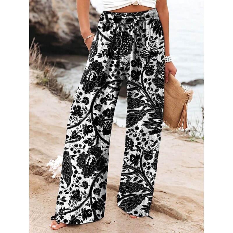 Women's Culottes Wide Leg Wide Leg Chinos Vacation Vintage Fashion Full Length High Waist Graphic Leaf Pattern Elastic Waistband Printing Soft Breathable Micro-elastic Vacation Street Causal White