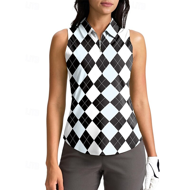 Women's Plaid / Check Sport Shirt Golf Polo Shirt Tennis Shirt Sleeveless Zipper High Elasticity Moisture Wicking Breathable Tennis Golf Pickleball Turndown Zip Collar Shirt Top Black Tennis Clothing