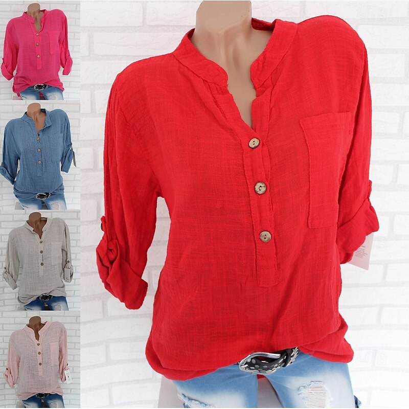 Women's Cotton Linen Shirts Solid Color Stylish Casual Long Sleeve V Neck Regular Tops Daily Buttons White Pink Red Blue Gray Summer Spring