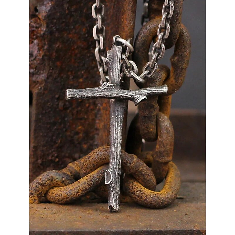 Vintage Branch - Shaped Cross Necklace - Rustic Silver - Tone Pendant for Men & Women