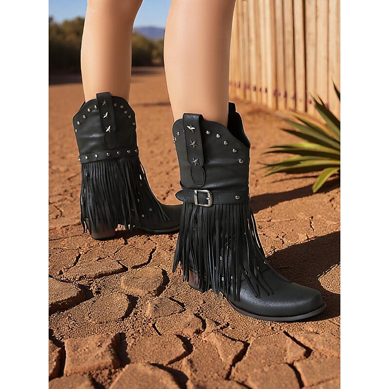 Women's Western Fringe Cowboy Boots - Tan Faux Suede Star Studded Mid-Calf Boots with Buckle for Rodeo, Country Concerts or Fall Festivals2