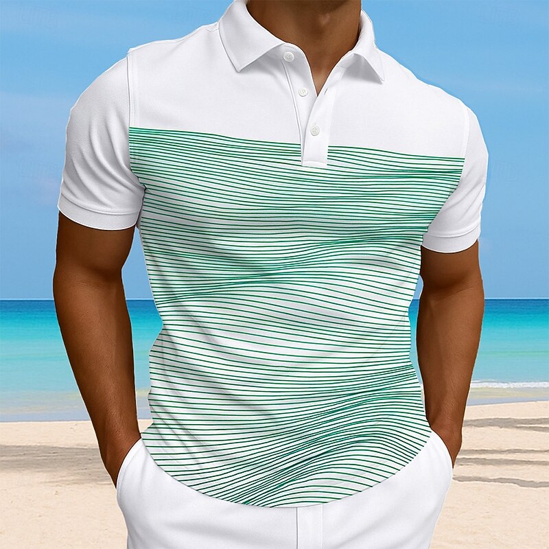 Men's Striped Waves Polo Short Sleeve Polo Collar Vacation Athleisure Casual Daily 3D Print Buttons Summer Violet Robin's Egg Blue Green3
