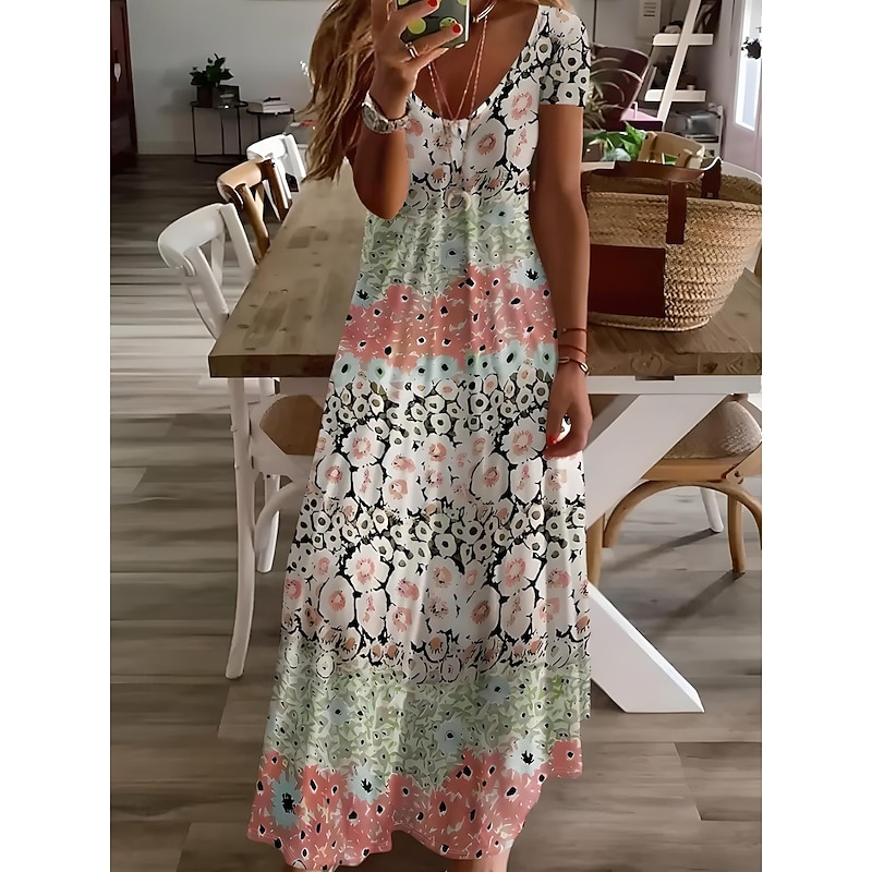Women's Midi Dress Sundress A Line Dress Vacation Casual Boho Going out Beach Standard Fit Floral Graphic Short Sleeve V Neck Gray Green White Light Green Red Summer Spring4