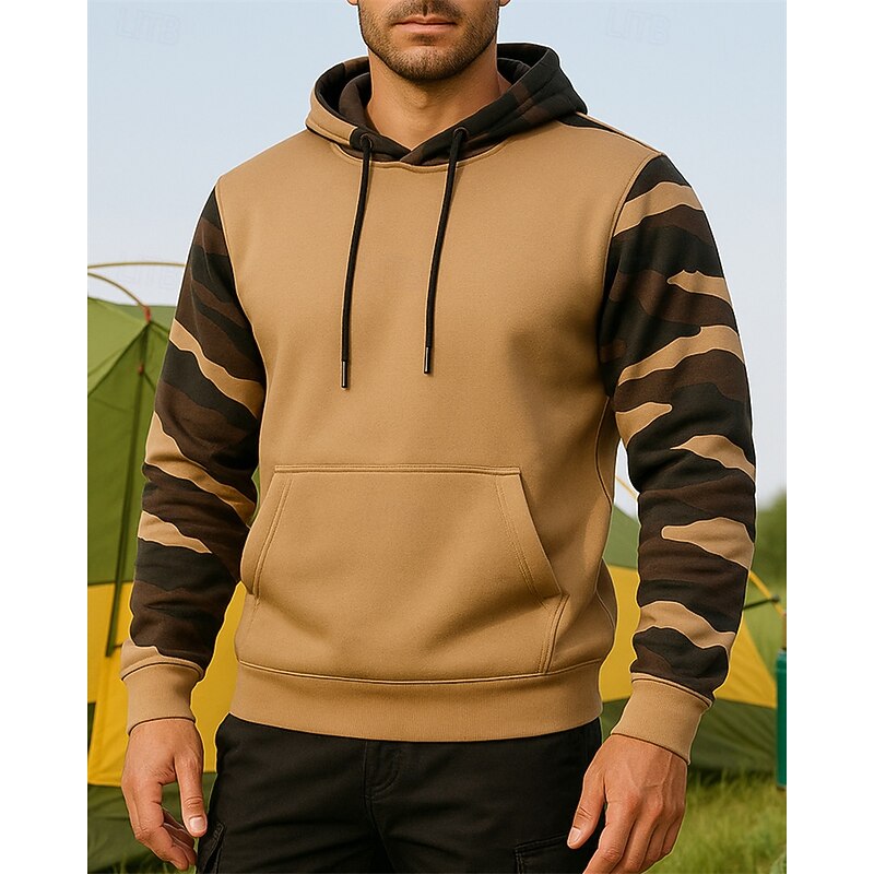 Men's Hoodie Hiking Sweatshirt Hiking top Long Sleeve Hooded Top Outdoor Lightweight Elastic Breathable Pullover Polyester Camo Black Army Green Khaki Tennis Golf Running4