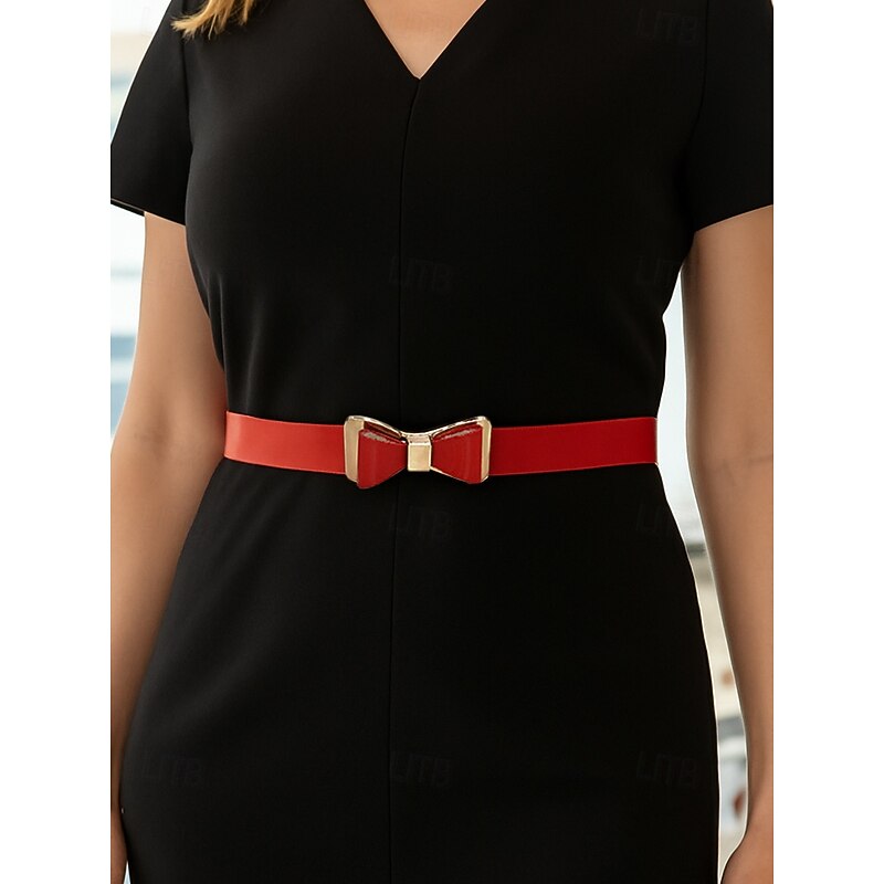 Women's Bowknot Elastic Waist Belt – Faux Leather Dress Belt with Metal Buckle, Elegant Skinny Style for Office, Party or Formal Outfits2
