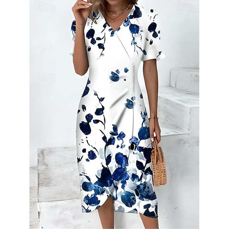 Women's Midi Dress Wrap Dress Elegant Lightweight Puff Sleeve Short Sleeve V Neck Going out Regular Fit Floral Graphic White Blue Orange Rainbow2