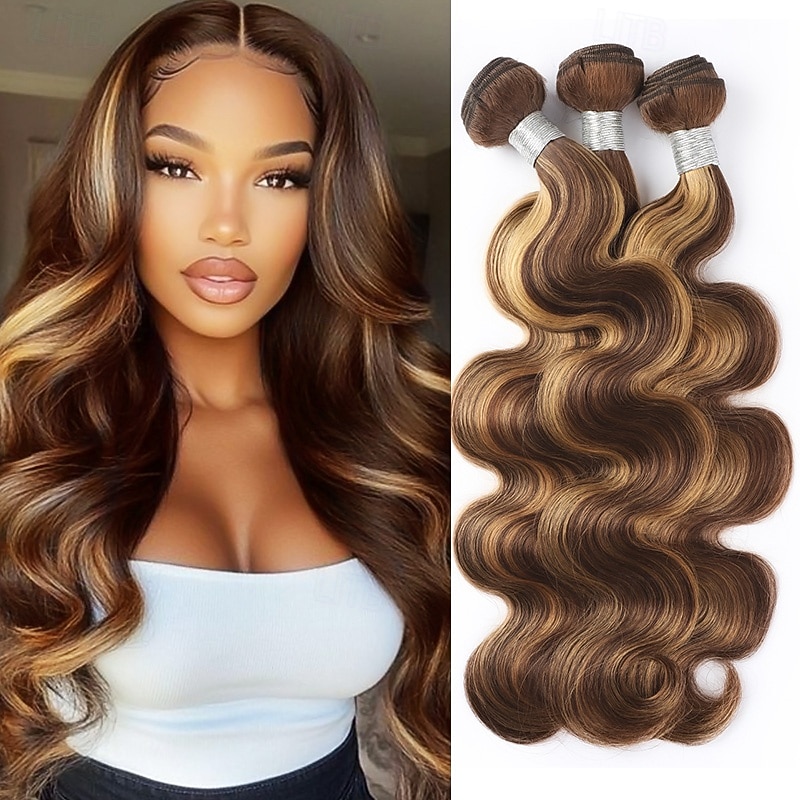 3 Bundles Hair Weaves Piano color P4/27 Body Wave Human Hair Extensions Human Hair Bundle Hair 10-28 inch For Black Women