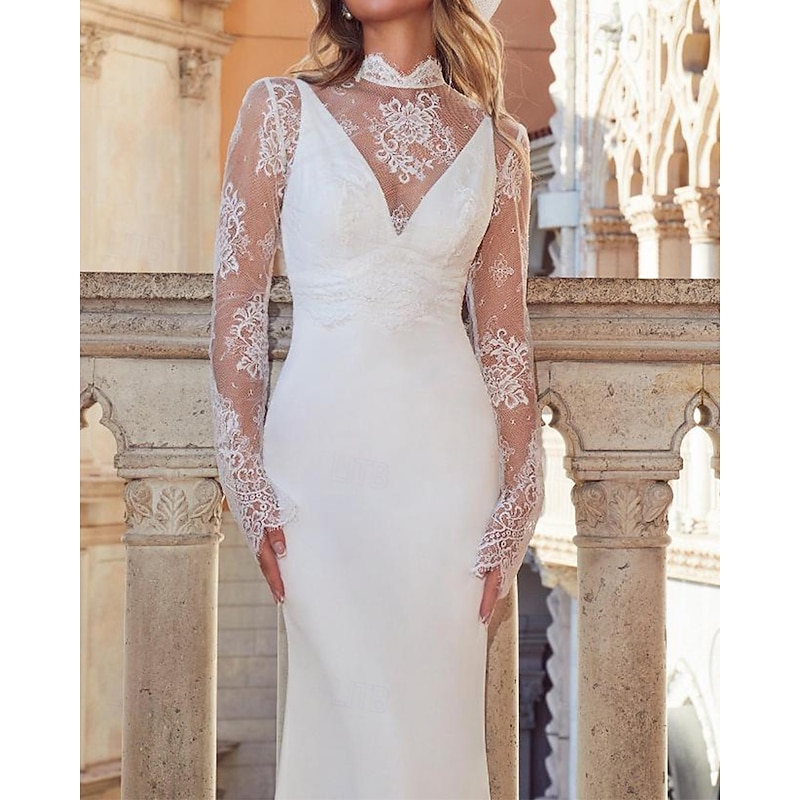 Casual Wedding Dresses Mermaid / Trumpet Detachable Cape V Neck Long Sleeve Floor Length Stretch Crepe Bridal Gowns With Appliques