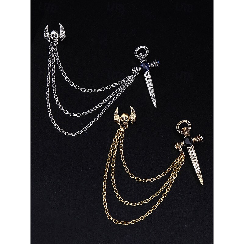 Men's Gothic Skull and Dagger Chain Brooch – Vintage Winged Skull Lapel Pin with Rhinestones for Halloween Party, Cosplay and Retro Fashion3