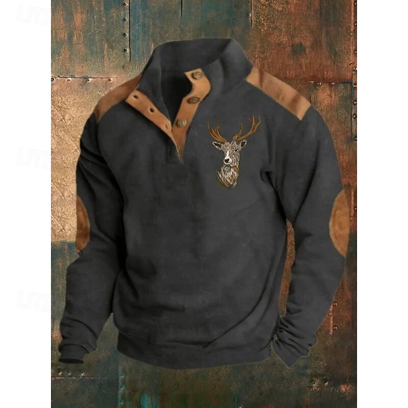 Men's Sweatshirt Black Navy Blue Brown Khaki Standing Collar Graphic Reindeer Print Daily Holiday Going out Polyester Vintage Streetwear Casual Fall Winter Clothing Apparel Hoodies Sweatshirts  Long2