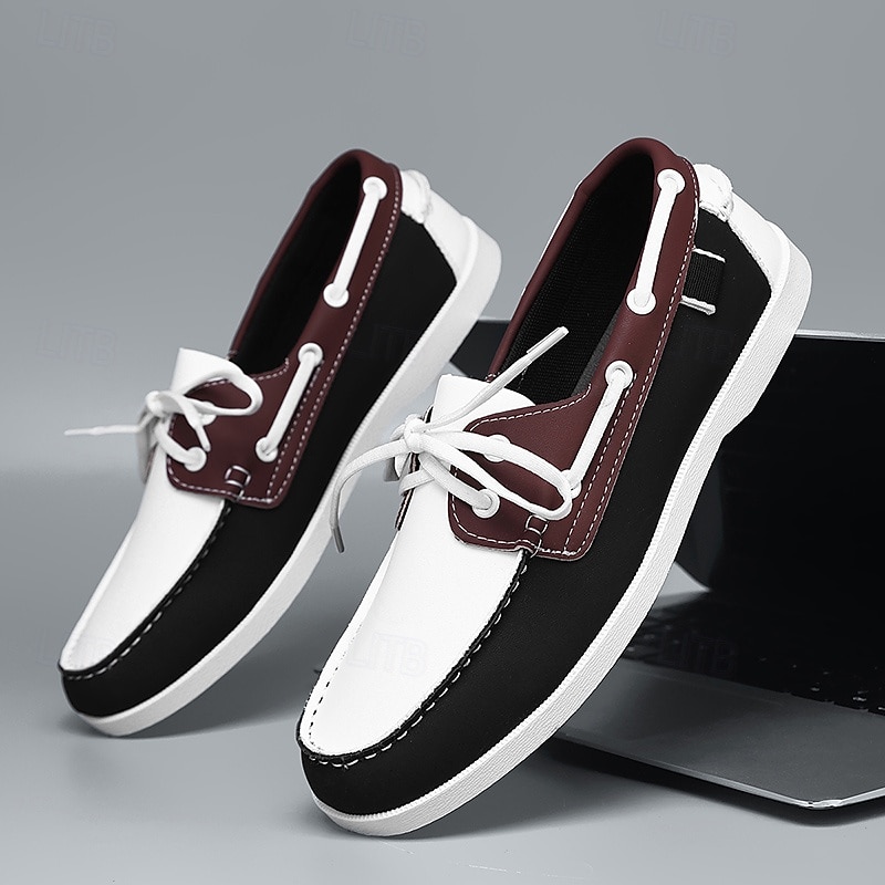 Men's Black and White Two-Tone Boat Shoes with Classic Lace-Up Design Comfortable and Stylish Ideal for Beach Trips Casual Wear and Summer Events4