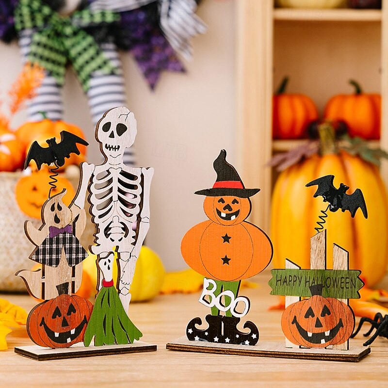 2pcs Halloween Wooden Skeleton Tabletop Decoration, Springy Skull with Pumpkin and Bat, Spooky Desktop Ornament for Halloween Party Decor4