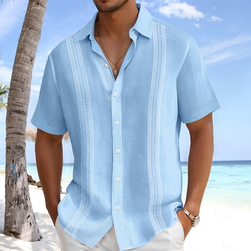 Men's Linen Shirt Guayabera Shirt Beach Wear Button Up Shirt Textured Vacation Casual White Blue Green Gray Short Sleeve Turndown Summer Spring Clothing Apparel