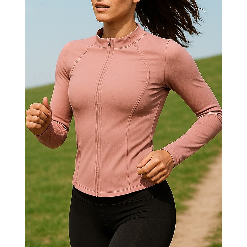 Women's Running Jacket Outdoor Jacket Full Zip Slim Long Sleeve Outerwear Athletic Solid Colored Sun Protection Quick Dry Lightweight UV Cooling Tennis Golf Running Sportswear Activewear Black White3