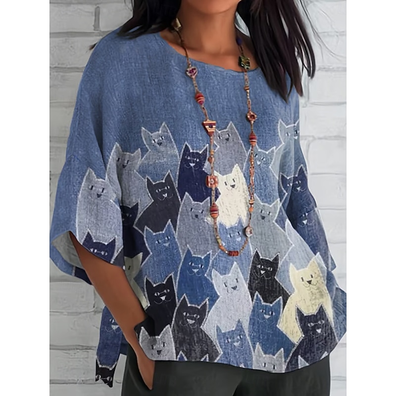 Women's Blouse Long Sleeve Graphic Animal Cat Bohemia Daily Ethnic 3/4 Length Sleeve Crew Neck Regular Tops Daily Holiday Vacation Wear Print Denim Blue Blue Summer Spring