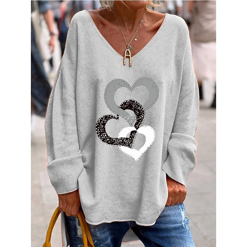 Women's Blouse Heart Stylish Casual Long Sleeve V Neck Regular Tops Daily Print Black White Pink Orange Green  Spring Fall Prefall2