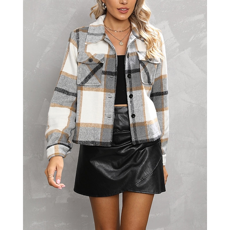 Women's Shirt Jacket Casual Jacket Comfortable Pocket Buttons Fashion Outdoor Plaid Going out Weekend Zipper Regular Lapel Regular Fit Long Sleeve Outerwear Green Gray Fall Winter