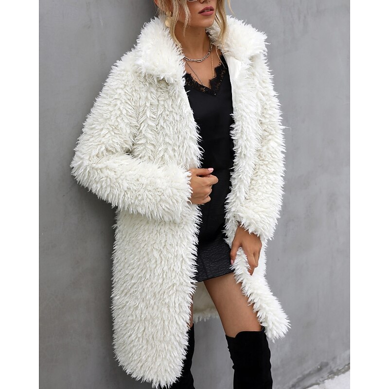 Women's Coat Warm Comfortable Fur Collar Fashion Plain Vacation Holiday Going out Open Front Long Turndown Regular Fit Long Sleeve Outerwear White Fall Winter4