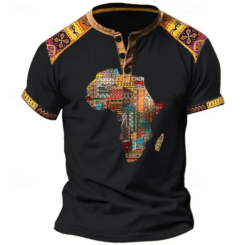 Men's Graphic Tribal Henley Shirt Vintage Shirt Short Sleeve 3D Print Designer Ethnic Comfortable Outdoor Daily Summer Black Blue Brown Green Henley Henley T-Shirt4
