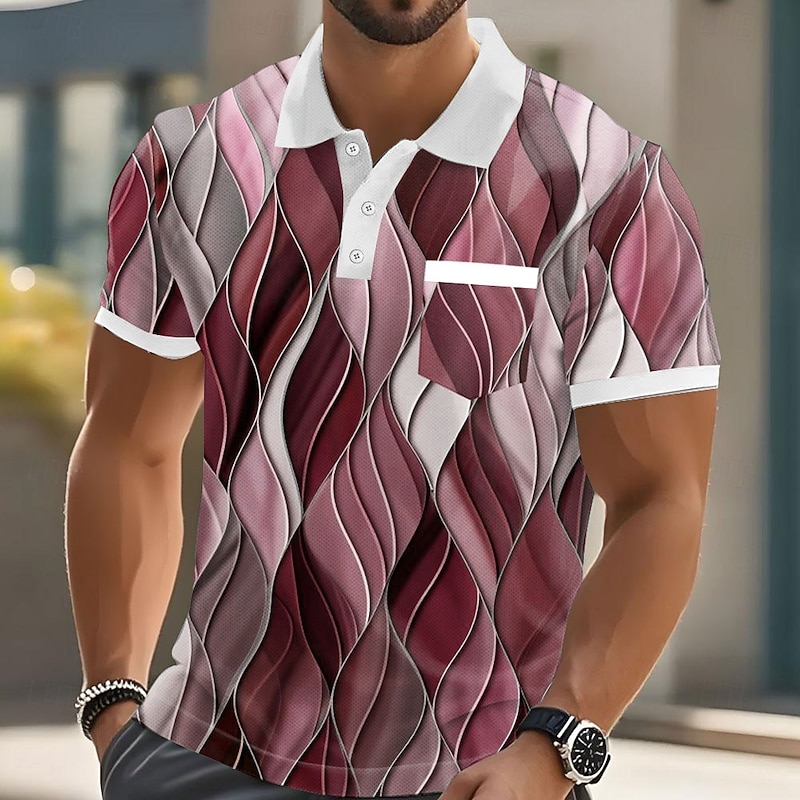 Men's Geometric Line Polo Short Sleeve Polo Shirts Collared Shirts Business Casual Outdoor Athleisure Daily Wear Pocket 3D Print Buttons Summer Red Blue Purple3