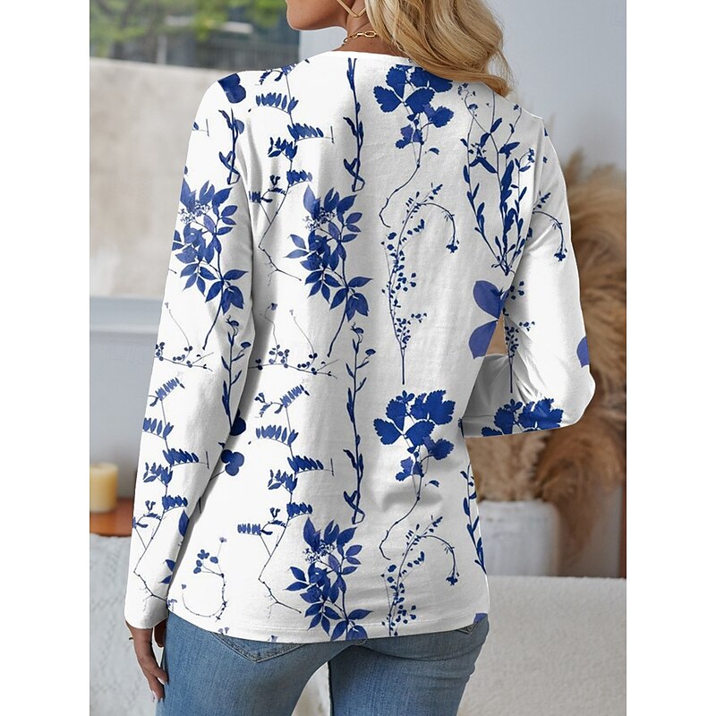 Women's T Shirt Graphic Plants Stylish Casual Long Sleeve Notched Neck Regular Tops Daily Weekend 3D Print Print Yellow Blue Purple Green Spring Fall2