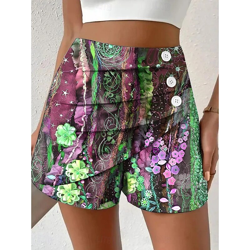 Women's Chinos Shorts Vacation Vintage Ethnic Style Short High Waist Floral Graphic Pleated Micro-elastic Formal Vacation Street Violet Robin's Egg Blue Yellow Summer Spring Regular Fit3