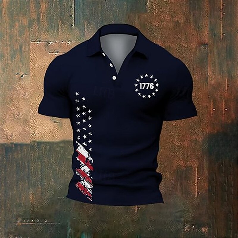 American Independence Day Men's American US Flag Polo Shirts Button Up Polos Golf Shirt Short Sleeve Polo Shirts Lapel Fashion Casual Daily Festival Print Summer Black White Navy Blue3