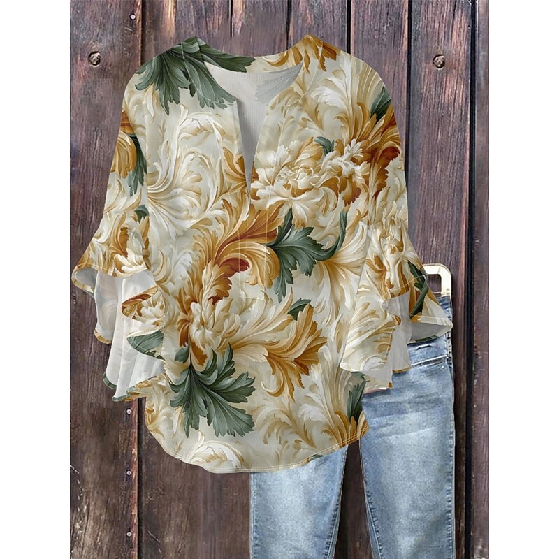Women's Blouse Floral Stylish Modern 3/4 Length Sleeve V Neck Regular Tops Daily Holiday Ruffle Print Blue Orange Khaki Summer2